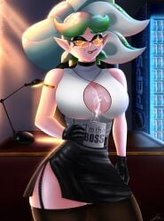 1girls big_breasts breasts cleavage clothed clothing desk detailed_background el_macho_20 female female_only gloves hourglass_figure inkling inkling_girl marie_(splatoon) mug pepsi skirt smoke solo splatoon steam thick_thighs thighhighs thighs vending_machine wide_hips