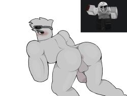 1boy artist_request ass ass_focus balls bara big_ass blush cock dick embarrassed looking_back male muscular muscular_male penis reference_image roblox roblox_avatar robloxian solo solo_male source_request tagme yaoi