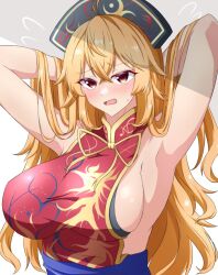 1girls armpits arms_behind_head big_breasts blonde_hair busty chinese_clothes chinese_dress dress hi_res junko_(touhou) large_breasts long_hair open_mouth pose posing sensual sexy_armpits tasuku_(tusktouhou4) touhou voluptuous