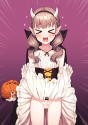 >o< 1boy after_masturbation black_cloak blush brown_hair censored cloak collarbone crossdressing cum cum_on_object curly_hair dress emphasis_lines fake_horns femboy fingernails girly gradient_background halloween halloween_costume highres hokuro_ryuuseigun horns jack-o'-lantern junior_(hokuro_ryuuseigun) long_hair male male_only oerba_yun_fang open_mouth original otoko_no_ko pumpkin purple_background sharp_fingernails solo speech_bubble strapless strapless_dress sweatdrop textless_version trap twintails