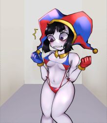 2023 2d 2d_(artwork) 2d_artwork alternate_breast_size artist_request big_thighs black_hair breasts embarrassed female glitch_productions gloves gooseworx jester jester_cap jester_costume jester_girl jester_hat jester_outfit looking_down micro_bikini pomni pomni_(the_amazing_digital_circus) short_hair small_breasts the_amazing_digital_circus thick_thighs white_body