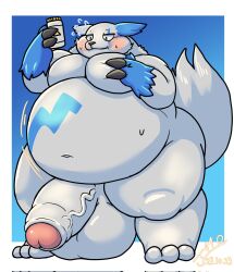 2023 3_toes anthro big_penis biped blush bodily_fluids digital_media_(artwork) feet flaccid foreskin generation_3_pokemon genitals glans hi_res huge_belly huge_cock hyper hyper_genitalia hyper_penis j1110_tanuki male moobs navel nintendo nude overweight overweight_anthro overweight_male penis pokemon pokemon_(species) shiny_pokemon simple_background solo sweat sweatdrop thick_thighs toes vein veiny_penis wide_hips zangoose