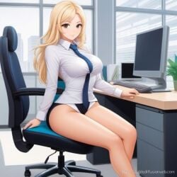 ai_generated blonde_hair blue_tie bottomless breasts brown_eyes female hand_on_table happy laptop medium_breasts office office_chair office_lady original original_character smile smiling_at_viewer stable_diffusion table thick_thighs windows