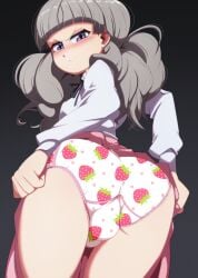 1futa ass ass_focus blush euf-dreamer fear_and_hunger fear_and_hunger:_termina futanari grey_hair marina_(fear_and_hunger) purple_eyes shy skirt skirt_lift solo_futa underwear