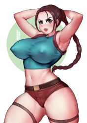 1girls backpack before_sex belt big_breasts bimbo bokuman breasts brown_eyes brown_hair busty crop_top female female_focus female_only fingerless_gloves gloves holster lara_croft lara_croft_(classic) large_breasts looking_at_viewer pony_tail ponytail short_shorts shorts square_enix tomb_raider uncensored video_game video_game_character video_games