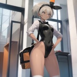 1girls 2d ai_generated bagpack bare_arms bare_back bare_shoulders bare_thighs bea_(pokemon) big_breasts black_bunny_ears black_leotard bow_tie bowtie breasts brown_body brown_skin bunny_ears bunny_girl bunny_tail bunnygirl bunnysuit cleavage dark-skinned_female exposed_breasts female female_only fluffy gray_eyes gray_hair grey_hair highres leotard lingerie looking_at_viewer low-angle_view mall medium_breasts nintendo partially_clothed playboy_bunny pokemon pokemon_ss pov pussy sad schoolgirl short_hair solo thick thick_ass thick_thighs