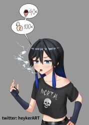 black_hair blue_eyes cigarette femboy goth heykerart open_mouth speech_bubble