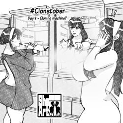 black_and_white censored clone clonecest clonetober cloning cloning_device drink drinking female female_clothed female_only multiple_girls nude nude_female nude_female_clothed_female refrigerator selfcest spy_x_family yor_briar yor_forger