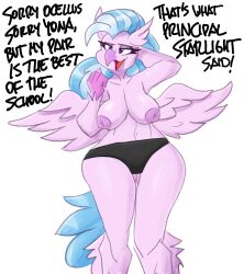 anthro areola avian beak blue_hair bottomwear breasts clothing english_text eyelashes feathered_wings female flutterthrash friendship_is_magic fur hasbro hippogriff long_hair my_little_pony nipples panties pink_body pink_feathers pink_fur silverstream_(mlp) simple_background solo tail text topless white_background wings