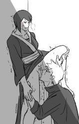 1boy 1girls against_wall bare_legs barefoot blush clothed_sex cunnilingus dripping dripping_pussy embarrassed feet female genital_fluids half-closed_eyes hatake_kakashi kadonn kimono male male/female moaning monochrome naruto naruto:_the_last naruto_(series) naruto_shippuden oral oral_sex pleasure_face pubic_hair pussy_juice pussy_juice_drip shizune standing standing_on_one_leg straight tears tears_of_pleasure unmasked