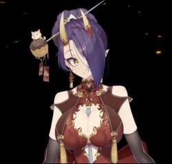 1girls accurate_art_style bun_hair cleavage cute hair_over_one_eye indie_virtual_youtuber large_breasts looking_at_viewer not_porn official official_art official_model one_eye_covered oni oni_horns onigiri_(vtuber) purple_hair screenshot simple_background virtual_youtuber