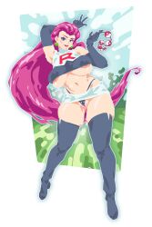 belly big_breasts breasts chubby chubby_female elbow_gloves gloves jessie_(pokemon) nipple_slip nipples notsotv panties pokemon thick_thighs thighhighs topwear truenotso