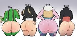 1boy 3girls ass ass_chart ass_comparison ass_focus ass_size_difference big_ass blackwhiplash both_sexes_in_same_situation bubble_ass bubble_butt bwl character_sheet denki_kaminari female femboy hero_outfit_(mha) huge_ass jirou_kyouka kyoka_jiro line_up mina_ashido multiple_girls my_hero_academia pink_skin take_your_pick text tsuyu_asui