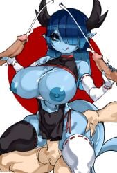 1girls 2020 3boys black_sclera blue-skinned_female blue_eyes blue_hair blue_skin chinese_clothes dragon_girl dragon_horns dragon_humanoid dragon_tail foursome handjob hi_res horns huge_breasts large_breasts light-skinned_male light_skin mmmf_foursome original reverse_cowgirl_position sole_female source_request tail thighhighs vaginal_penetration wings xing_(cliffpadfoot) zanamaoria