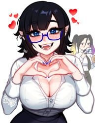 2girls black_hair blue_eyes blushypixy blushyspicy clothed cum fangs female female_only glasses hand_heart mammal oc office_lady original original_characters smile unbuttoned unbuttoned_shirt vampire vampire_girl vampy_(blushypixy) vivian_(blushyspicy) wholesome