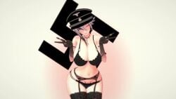 3d animated arlecchino_(genshin_impact) black_legwear bleachedartoria bra dancing garter_belt genshin_impact hat koikatsu lingerie mp4 nazi no_sound solo stockings swastika tagme video white_hair x-shaped_pupils