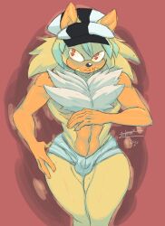 beauty_mark bulge chest_fur chest_tuft cooper_the_hedgehog daisy_dukes femboy fluffy girly hedgehog jorts mobian_(species) planetwhorbius red_eyes slender_waist spookysketchbook striped_hat twink wide_hips