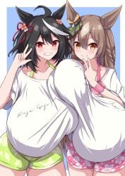 2girls ahoge animal_ears bangs black_hair bra braid braided_hair brown_hair collarbone duo eyebrows_visible_through_hair female female_only flower flower_pattern frame front_view gigantic_breasts hair_ornament kitasan_black_(umamusume) light-skinned_female light_skin light_xion long_hair looking_at_viewer medium_hair peace_sign red_eyes ribbon satono_diamond_(umamusume) shirt shorts simple_background smile standing straight_hair symmetrical_docking teeth text thick_thighs umamusume umamusume_pretty_derby yellow_eyes