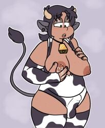 1other animal_ears animal_tail areolae big_breasts black_hair breasts chubby cow_bell cow_print erection erection_under_clothes fingerless_gloves gloves lactation milking nipple_tweak nipples original original_character penis_bulge possmom solo thighhighs tobi_mcairy