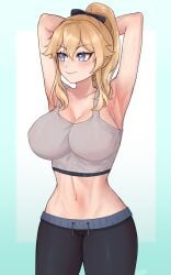 1girls armpits arms_behind_head big_breasts big_thighs blonde_hair blue_eyes bodily_fluids breasts busty female foxtaiyo genshin_impact huge_breasts huge_thighs jean_gunnhildr large_breasts large_thighs navel ponytail sports_bra sweat thick_thighs thighs voluptuous yoga_pants