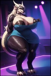 ai_generated anthro black_body black_nipples black_scales blue_dress breasts clawed_feet claws cleavage club dark_nipples dragon dragon_ears dragon_girl dragon_horns dragon_tail dress fur furry gigantic_breasts gigantic_thighs hand_on_breast horns indoors long_hair long_tail mature_anthro nightclub nipples pink_eyes plump puffy_nipples pussy scales scalie stable_diffusion tail thighs vagina venus_body voluptuous wet_pussy wgenjoyr4539 white_body white_hair white_scales