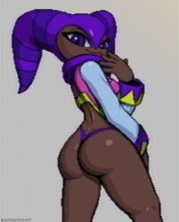 1girls anthro ass ass_focus dark_skin digital_media_(artwork) gray_background looking_back nights nights_into_dreams partially_clothed pixel_art pose posing purple_clothing purple_eyes rafaknight-rk sega shiny_skin smug solo thong vhs_filter