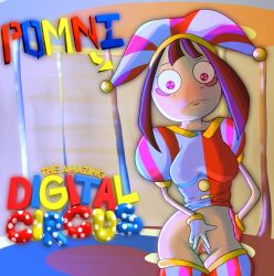 2023 2d 2d_(artwork) 2d_artwork badly_drawn blue_background blue_eyes brown_hair female glitch_productions gooseworx hand_on_own_hip jester jester_cap pomni pomni_(the_amazing_digital_circus) pussy red_background red_eyes spread_pussy the_amazing_digital_circus yellow_background