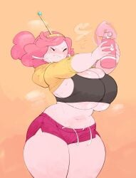 1girls adventure_time big_breasts blush bulumble-bee cleavage fan female female_only holding_object huge_breasts huge_thighs large_breasts navel pink_body pink_hair pink_skin princess_bubblegum shorts solo solo_female solo_focus sports_bra sweat sweatdrop sweating thick_thighs thighs underboob wide_hips wings