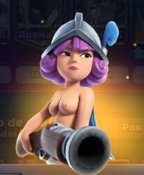 breasts clash_(series) clash_royale completely_nude completely_nude_female female female_only gun helmet looking_up musketeer_(clash_royale) nude nude_edit nude_female nude_filter solo solo_female tagme