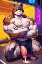 1boy abs ai_generated anthro apron blue_fur brown_fur brown_tail calico_cat cat_ears cat_tail catboy city detailed detailed_background epic_games felid feline felis fortnite fortnite:_battle_royale long_penis male male_breasts male_only meowscles meowscles_(fortnite) muscular muscular_anthro muscular_arms muscular_male nude nude_male orange_eyes pecs penis pink_nose public_exposure shirtless solo stable_diffusion sweat sweating thick_thighs tricolor tricolor_fur video_game_character video_games waist_apron white_body white_fur wide_hips winking_at_viewer