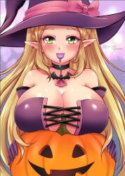 1girls 2023 artist_signature bare_shoulders big_breasts blonde_hair blush braided_hair breath_of_the_wild candy choker costume ear_piercing fanart fantasy green_eyes halloween halloween_costume hylian hylian_ears jack-o'-lantern large_breasts light-skinned_female light_skin long_hair looking_at_viewer massive_breasts nintendo pink_ribbon princess_zelda pumpkin ribbon seductive sensual sugarbell the_legend_of_zelda the_legend_of_zelda:_breath_of_the_wild witch witch_costume witch_hat zelda_(breath_of_the_wild)