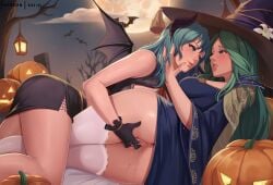 2girls alternate_costume anus black_gloves blue_eyes breasts byleth_(female)_(fire_emblem) byleth_(fire_emblem) byleth_(fire_emblem)_(female) demon_costume demon_girl dress exlic eye_contact feet_out_of_frame female/female female_only fingering fire_emblem fire_emblem:_three_houses fire_emblem_heroes full_moon gloves green_eyes green_hair halloween halloween_costume hat horn jack-o'-lantern lantern large_breasts legs looking_at_another lying microdress miniskirt moon multiple_girls night nintendo official_alternate_costume on_side outdoors pencil_skirt pumpkin pussy pussy_juice rhea_(fire_emblem) rhea_(halloween)_(fire_emblem) side_slit skirt succubus succubus_costume succubus_horns succubus_wings teal_hair thighhighs thighs tree uncensored white_thighhighs wings witch witch_costume witch_hat yuri