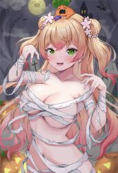 1girls blonde_hair breasts cute female female_focus female_only green_eyes halloween holidays hololive hololive_gen_5 hololive_japan light-skinned_female light_skin looking_at_viewer momosuzu_nene moon moonlight mummy mummy_costume mummy_wrappings outside smiling takuty virtual_youtuber vtuber