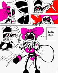 ... 2023 2girls blazerona bow_ribbon bra breasts clothed clothing comic comic_page comic_panel duo duo_female duo_focus female female_focus female_only half_naked jiangshi junko_(blazerona) murder_drones one_eye original_character original_characters panties pink_eyes ponytail red_eyes removed_clothing robot robot_girl robot_humanoid self_upload shocked shocked_expression shocked_eyes tail text text_bubble