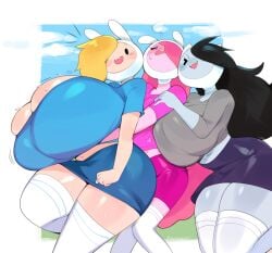 1futa 2girls adventure_time big_breasts black_hair blonde_hair breasts_bigger_than_head bulumble-bee bunny_ears cleavage female female_only fionna_the_human_girl fionna_the_human_girl_(cosplay) gigantic_breasts grey_body grey_skin huge_breasts large_breasts light-skinned_female light_skin long_hair looking_at_viewer marceline pink_body pink_hair pink_skin princess_bubblegum skirt smaller_futanari thick_thighs thighhighs thighs wide_hips