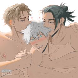 3boys abs bite_mark black_hair blonde_hair blue_eyes blush gay group_sex heart hickey holding_hands hug imminent_sex jujutsu_kaisen kenkaru86 kento_nanami looking_at_another male male/male/male male_focus male_only mmm_threesome multiple_boys nipples no_visible_genitalia nude pectorals satoru_gojo short_hair suguru_geto threesome white_hair yaoi