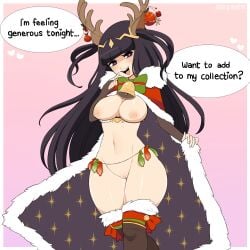 1girls alternate_costume antlers bare_thighs black_eyes black_hair breasts cape christmas come_hither condom condom_belt english_text female female_only fire_emblem fire_emblem_awakening fire_emblem_heroes hand_on_own_face heart-shaped_pupils inviting inviting_to_sex looking_at_viewer medium_breasts naked_cape naughty_face nintendo nude nude_female official_alternate_costume open_mouth pussy_juice sataenart seductive smile solo source_request text tharja_(fire_emblem) tharja_(winter)_(fire_emblem) thighhighs thighs used_condom very_long_hair wet_pussy