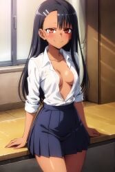 1girls ai_generated black_hair breasts brown_eyes charfire classroom clothed clothing female female_focus female_only hayase_nagatoro hi_res highres long_hair looking_at_viewer medium_breasts no_bra please_don't_bully_me,_nagatoro revealing_clothes school_uniform simple_background smile solo solo_female tan tan-skinned_female tan_body tan_skin tanned tanned_female