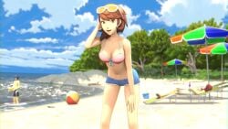 2023 3d_(artwork) atlus beach beach_ball big_breasts bikini bikini_top blue_hair breasts brown_eyes brown_hair bucket clouds looking_at_viewer makoto_yuki mitsuru_kirijo persona persona_3 persona_3_fes persona_3_portable pose red_hair rynxler sand sea shorts sky smiling sunglasses sunglasses_on_head swimsuit tree video_game_character video_game_franchise watermark yukari_takeba