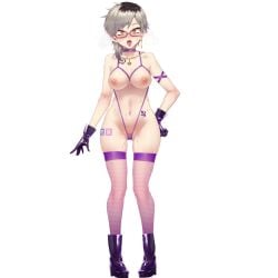 2023 ahe_gao aroused bikini blush boots breasts breath cameltoe chest_tattoo choker earrings emoechi_pro female fishnet_thighhighs fishnets glasses gloves grey_hair in_heat jewelry large_breasts latex latex_boots latex_gloves looking_at_viewer micro_bikini mikami_manon mizuryuu_kei navel necklace nipples purple_bikini purple_choker purple_thighhighs pussy_juice pussy_juice_trail revealing_clothes semi-rimless_eyewear short_hair skindentation slingshot_swimsuit solo standing sticker sticker_on_leg stomach_tattoo swimsuit tattoo thighhighs tongue tongue_out virtual_youtuber white_background yellow_eyes