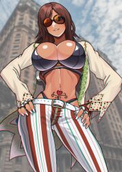 1girls 2023 2d 2d_(artwork) akisu_k athletic athletic_female bandai_namco belly belly_button belt big_breasts black_bra black_thong bra brazilian brazilian_female brown-tinted_eyewear brown_hair dark-skinned_female dark_skin fanart female femme_fatale fingerless_gloves glasses gloves hand_on_hip heart_tattoo hips jacket jacket_open katarina_alves large_breasts long_hair namco pants pose posing smile smiling_at_viewer sunglasses tattoo tattoo_on_belly tekken tekken_7 thong tinted_eyewear voluptuous voluptuous_female white_nail_polish white_nails