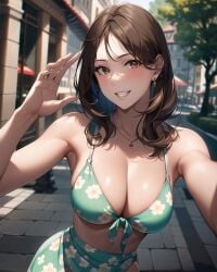 1girls ai_generated ai_mirror alley armpits blush brown_eyes brown_hair building earrings flower_pattern green_skirt green_top hand_up long_hair looking_at_viewer medium_breasts necklace road selfie smile tree umbrella white_skin