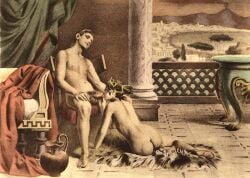 ancient bare_breasts brown_hair butt_crack chair chair_sex fellatio light_skin male/female nipples oral oral_penetration oral_sex outside outside_sex painting_(artwork) paul_avril pillar ponytail pot pottery rug sideboob vase