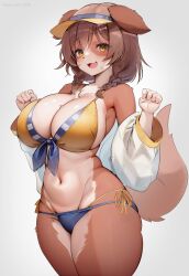 1girls animal_ears anthro anthro_only bikini blush braid breasts brown_ears brown_fur brown_hair brown_tail canine clothed clothing curvy detached_sleeves dog_ears dog_girl dog_tail eyelashes female female_focus female_only furrification furry furry_only hair_ornament hairpin hat highres hololive hololive_gamers hololive_japan huge_breasts inugami_korone kakuteki11029 looking_at_viewer multicolored_fur navel oerba_yun_fang open_mouth smile standing swimsuit tail thick_thighs thighs thong_bikini twin_braids virtual_youtuber visor_cap vtuber white_background white_fur wide_hips yellow_eyes