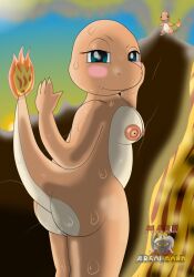 animal_humanoid anthro ass big_butt blue_eyes bodily_fluids breasts charmander charmander_humanoid female fire game_freak generation_1_pokemon genitals humanoid lava light markabsolgold nintendo nipples orange_body pokemon pokemon_(species) pussy reptile reptile_humanoid reptile_tail scalie scalie_humanoid solo sun sunlight sweat volcano