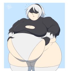 1girls bbw belly big_belly big_breasts blindfold breasts chubby clothing fat fat_fetish fat_woman female female_only grabbing_belly hairband huge_belly light-skinned_female light_skin mrlowground nier nier:_automata obese obese_female overweight_female short_hair solo thick_thighs thighhighs white_hair yorha_2b