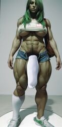 1futa 3d 3d_(artwork) ai_generated big_breasts big_penis cock_sock flaccid futa_only futanari hdregrets hulk_(series) jean_shorts marvel marvel_comics muscles muscular muscular_futanari muscular_thighs nipple_bulge open_clothes partially_clothed penis_out pubic_hair she-hulk slut slutty_outfit sock_on_penis solo thick_thighs underboob