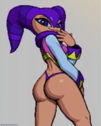 1girls anthro ass ass_focus digital_media_(artwork) gray_background looking_back nights nights_into_dreams partially_clothed pixel_art pose posing purple_clothing purple_eyes rafaknight-rk sega shiny_skin smug solo thong vhs_filter