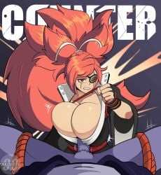 1boy1girl 2023 2d 2d_(artwork) anthro baiken big_breasts boobjob breasts cleavage clothed clothing curvy disgusted female female_focus female_on_top femdom fingerless_gloves furry furry_male gloves guilty_gear hair hi_res highres human_on_anthro large_breasts light-skinned_female light_skin linhe_(mklancer00) long_hair male male/female mklancer00 one_arm paizuri paizuri_lead_by_female penis penis_between_breasts pov pov_eye_contact pov_paizuri pubic_hair purple_fur red_eyes red_hair rope rope_around_thigh scar scar_across_eye straight tied tied_down top_heavy