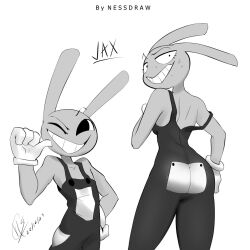 anthro artist_request ass black_and_white bunny bunny_ears gloves gooseworx jax_(the_amazing_digital_circus) looking_behind male male_focus male_only smiling solo_male sweat sweatdrop sweating tagme the_amazing_digital_circus thighs